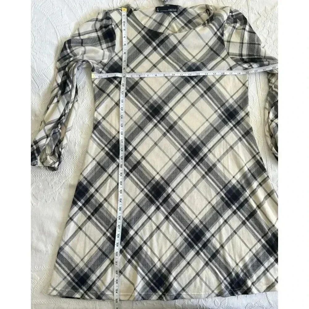 Chetta B Plaid Flannel Trapeze Dress Black & Cream Removable Cowl Size Med - Picture 6 of 16